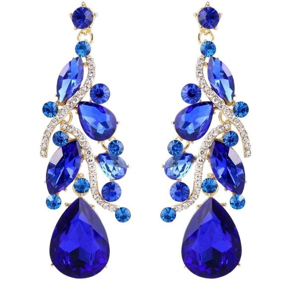 Yellow Gold with Sapphire Blue Austrian Crystal Teardrop Chandelier Earrings - Picture 1 of 5